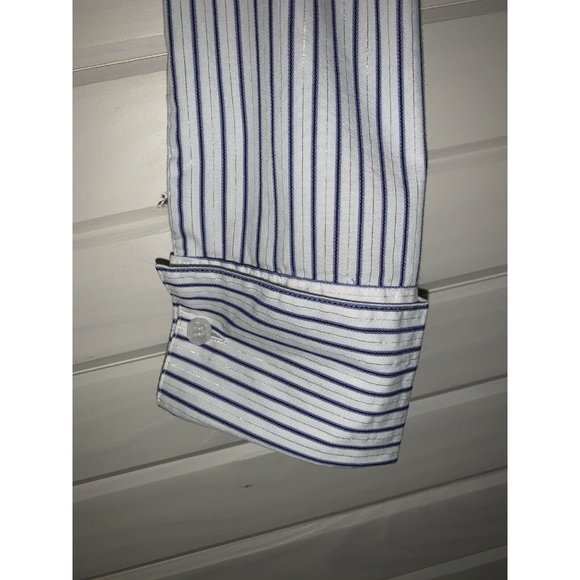 Style & Co Sz 6 White Blue Silver Striped L/S Tunic Blouse Metallic Career EUC - Picture 5 of 9